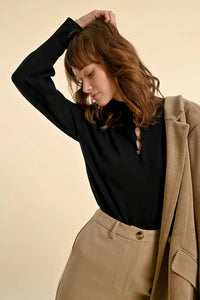 1619 -  Viscose Sweater with Button Detail- Black - Molly Bracken