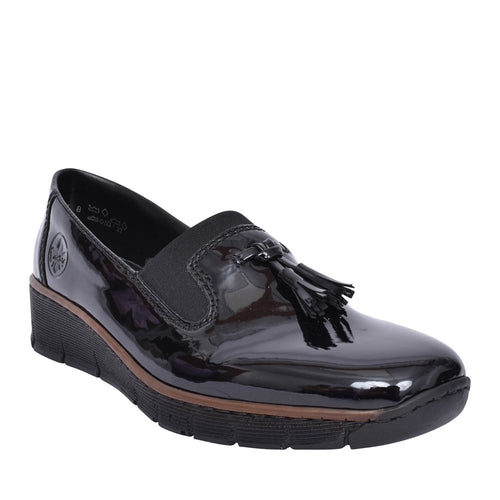 53751- Patent Low Wedge Loafer- Black- Rieker