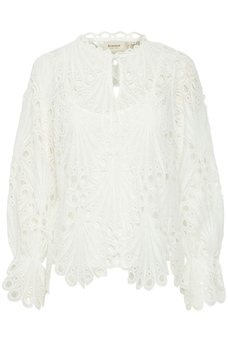 4548- Lace Pattern Long Sleeve Blouse- White- Fransa