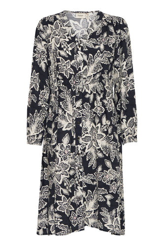 5182- Floral Printed VNeck Shirt Dress- Black- Fransa