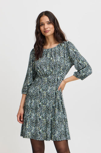 4159- 3/4 Sleeve Jersey Dress- Green Mix- Fransa