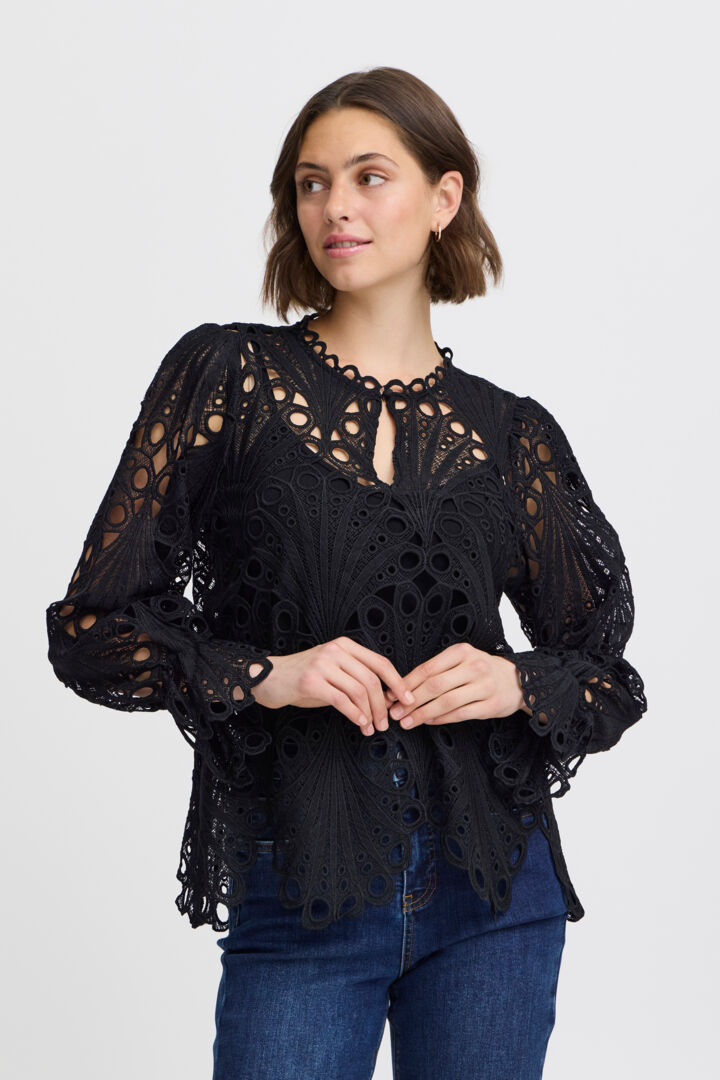 4548- Lace Pattern Long Sleeve Blouse- Black- Fransa