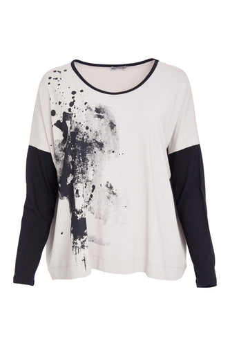 Placement Print Top with Contrast Binding Sleeves ( Black & Cream) - Naya