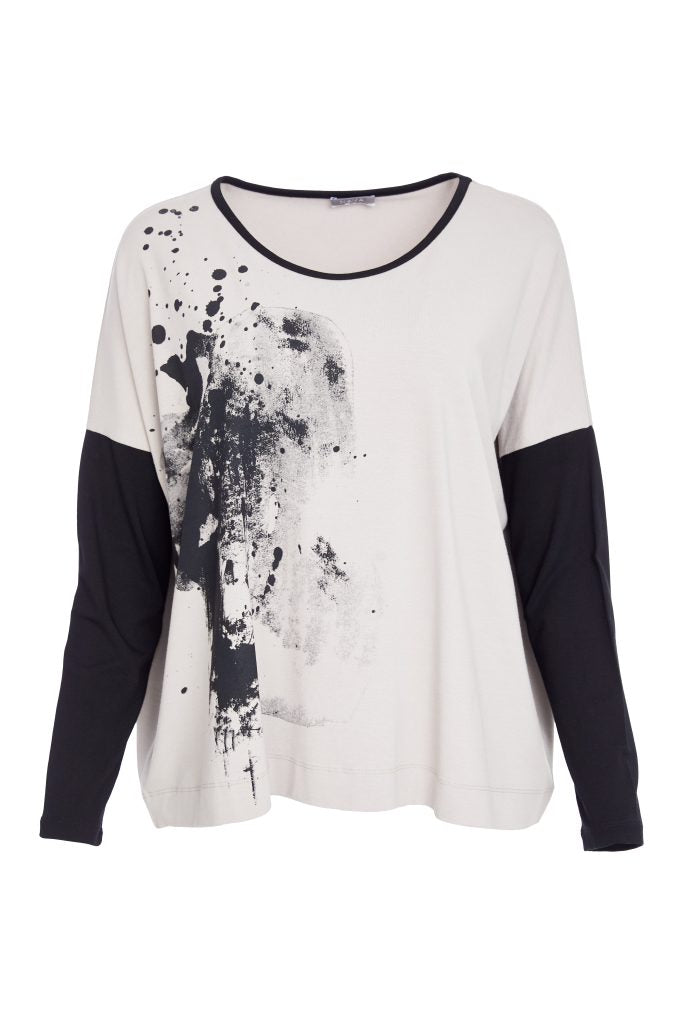 Placement Print Top with Contrast Binding Sleeves ( Black & Cream) - Naya