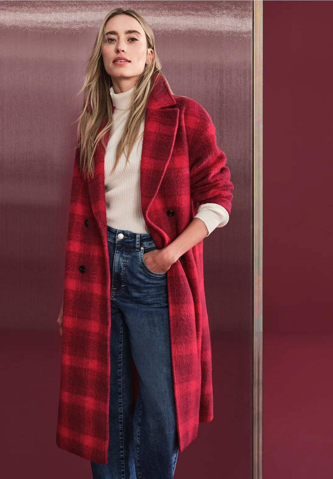 101179- Long Red Plaid Coat - Street One