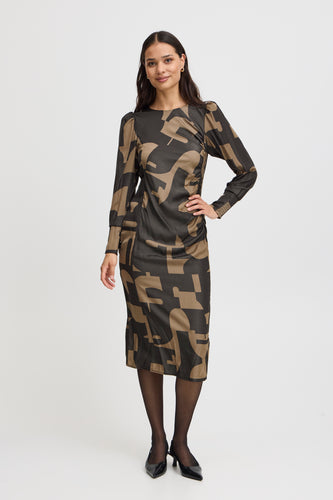 4111- Long Sleeve Midi Dress w/ side ruching- Walnut/Black- Fransa