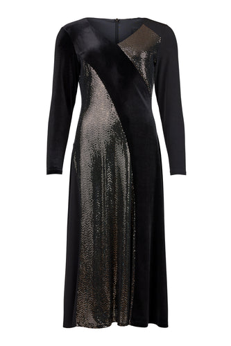 78835- Black Velvet & Gold Sequin Long Sleeve Dress- Tia