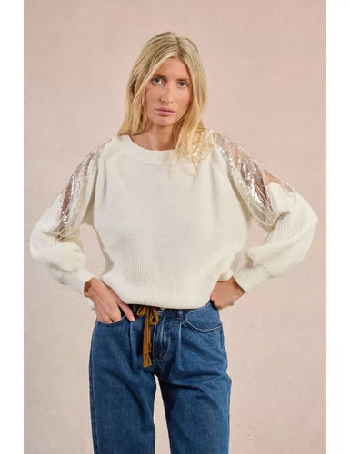 Open-Work Shoulder Sweater - White - Molly Bracken