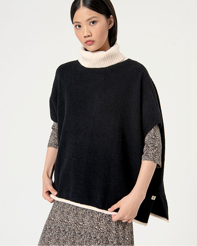 831 - Black Knitted Poncho with Cream Contrasting Neck - Surkana