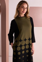 Load image into Gallery viewer, Black &amp; Avocado Spot Border Print High Neck Dress With Contrast Sleeve - Naya