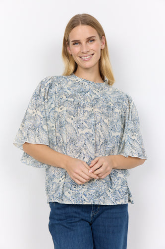 40766- Paisley Print Cotton Blouse- Sky Blue- Soya Concept