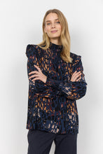 Load image into Gallery viewer, 40819- High Neck Ruffle Detail Print Blouse- Navy Mix- Soya Concept