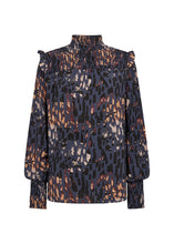 Load image into Gallery viewer, 40819- High Neck Ruffle Detail Print Blouse- Navy Mix- Soya Concept