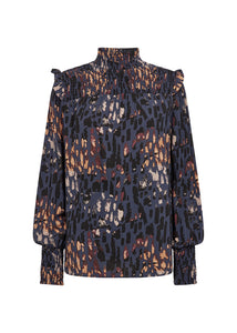 40819- High Neck Ruffle Detail Print Blouse- Navy Mix- Soya Concept