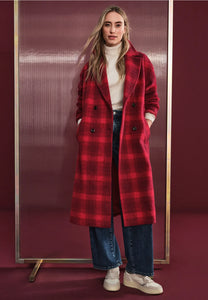 101179- Long Red Plaid Coat - Street One