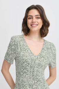 0387- Agave Green and Cream Print Jersey Dress- Fransa