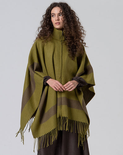 Green Plaid Poncho with Zipper - Surkana
