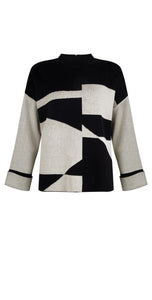 7211- Crew Neck Abstract Print Knit Jumper-Black/White-Foil