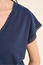 Load image into Gallery viewer, Navy Blue Knitted T shirt with Lace Detail - Molly Bracken