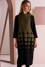 Load image into Gallery viewer, Black &amp; Avocado Spot Border Print High Neck Dress With Contrast Sleeve - Naya
