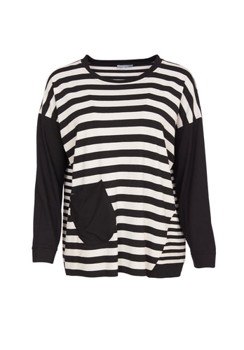 24132- Stripe Top w/ Plain Sleeve- Black & Sand- Naya