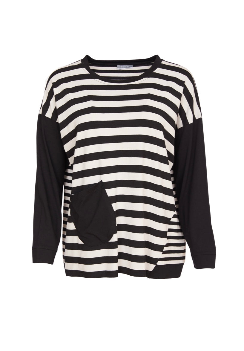 24132- Stripe Top w/ Plain Sleeve- Black & Sand- Naya