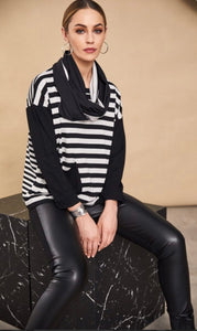 24132- Stripe Top w/ Plain Sleeve- Black & Sand- Naya