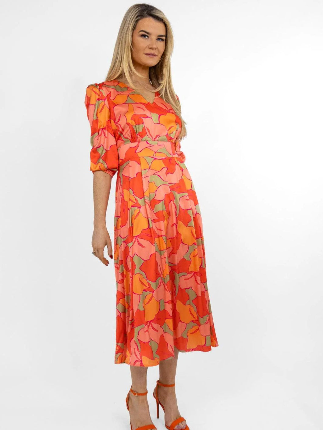 Audrey Orange Midi Print Dress- Kate & Pippa