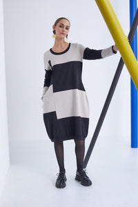 125- Naya Block Stripe Dress- Black & Sand