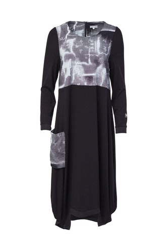 236- Naya Dress w/ Print Panel/pocket- Black & Grey