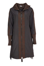 Load image into Gallery viewer, 24198 - Hooded coat print section @ zip/cuff- Choc &amp; Black- Naya