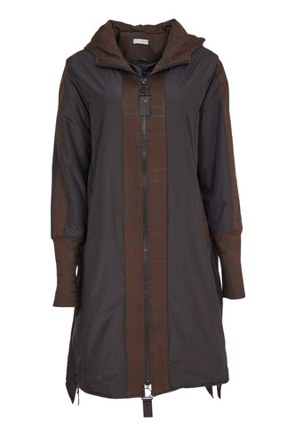 24198 - Hooded coat print section @ zip/cuff- Choc & Black- Naya