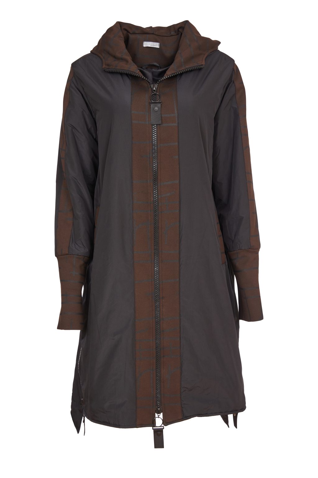 24198 - Hooded coat print section @ zip/cuff- Choc & Black- Naya