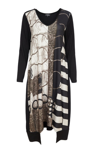 24120- Printed Dress with Stripe Panel- Black/Sand- Ora