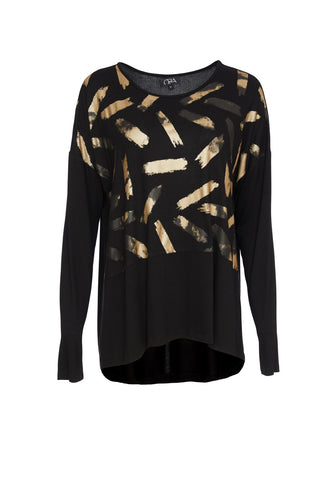 24123- Print top with contrast hem- Black/Bronze- Ora