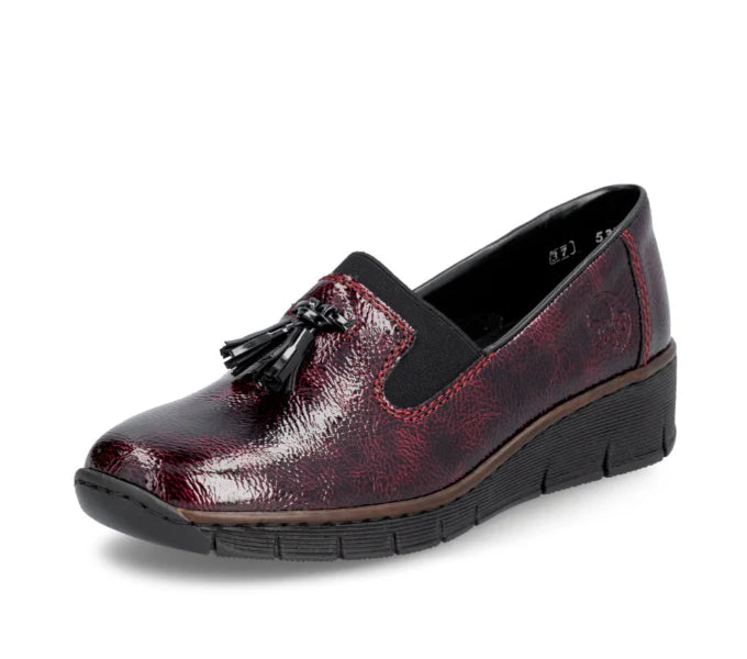 53751- Patent Low Wedge Loafer- Wine/Black- Rieker