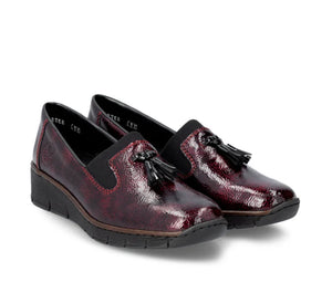 53751- Patent Low Wedge Loafer- Wine/Black- Rieker