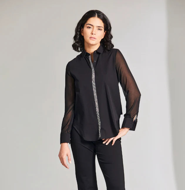 W24602- Long Sleeve Diamonte Shirt- Black- Peruzzi