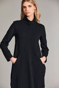 W24200- High Neck Raised Jacquard Panel Dress- Black- Peruzzi