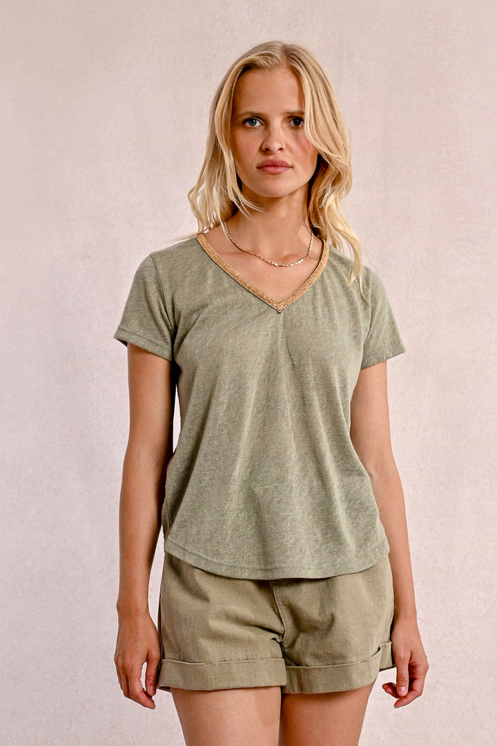 427 - Short Sleeve Top with Neckline Detail - Light Khaki - Molly Bracken