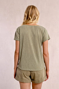 427 - Short Sleeve Top with Neckline Detail - Light Khaki - Molly Bracken