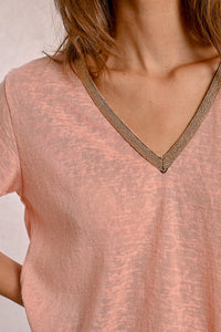 427 - Short Sleeve Top with Neckline Detail - Peach - Molly Bracken