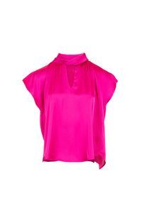 W24204- Tie Neck Satin Top- Fuchsia - Peruzzi