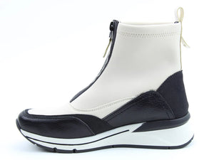 Della Zip Front Wedge Ankle Boot- Ecru/Black- Heavenly Feet