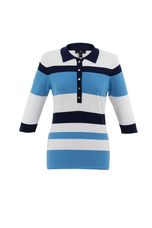 7302- 3/4 Sleeve Stripe Polo-Powder Blue- Marble