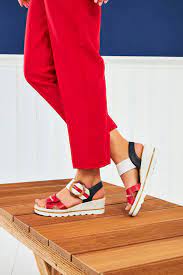 67476- Navy, White & Red Buckle Wedge Sandal- Rieker