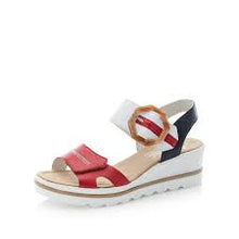 Load image into Gallery viewer, 67476- Navy, White &amp; Red Buckle Wedge Sandal- Rieker