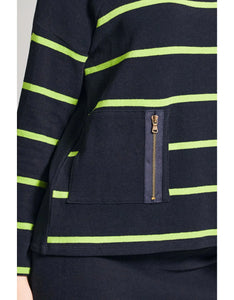 W24150- Solid Contrast Stripe Knit- Navy/Lime- Peruzzi