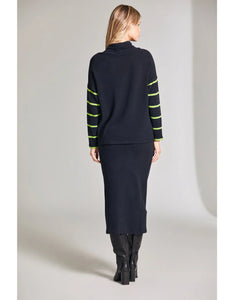 W24150- Solid Contrast Stripe Knit- Navy/Lime- Peruzzi