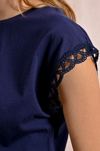 1783 - T-Shirt with Open-Work Sleeves - Navy - Molly Bracken